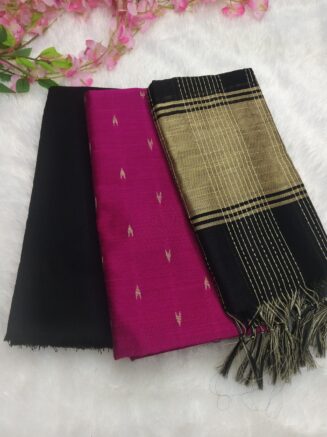 Premium Rawsilk Pongal Special Chudidhar Set | Black & Ranipink