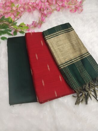 Premium Rawsilk Pongal Special Chudidhar Set | Bottle Green & Red