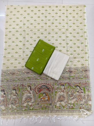Premium Rawsilk Madhubhani Dupatta Chudidhar Set | Parrot Green