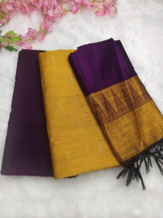 Premium Rawsilk Contrast Dupatta Chudidhar Set | Purple & Mustered Yellow