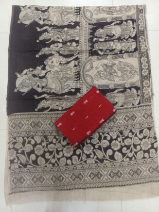 Premium Rawsilk Kalamkari Dupatta Set | Red & Black