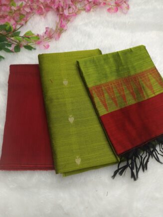 Premium Rawsilk Kalamkari Dupatta Chudidhar Set | Red & Parrot Green