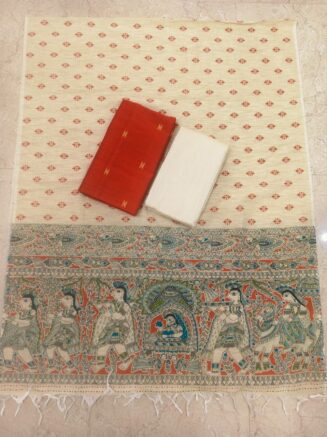 Premium Rawsilk Madhubhani Dupatta Chudidhar Set | Orange