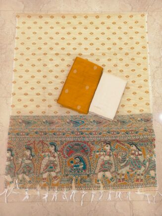 Premium Rawsilk Madhubhani Dupatta Chudidhar Set | Golden Yellow