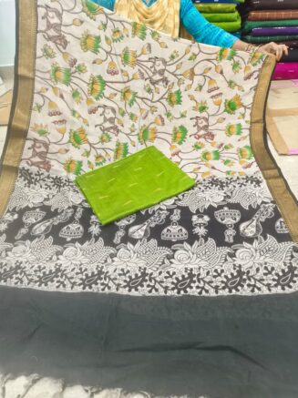 Traditional Royal Kalamkari Nizam Border Dupatta & Top with Premium Finish | Black & Green