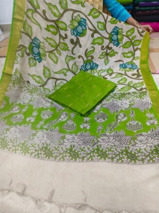 Traditional Royal Kalamkari Nizam Border Dupatta & Top with Premium Finish | Apple Green