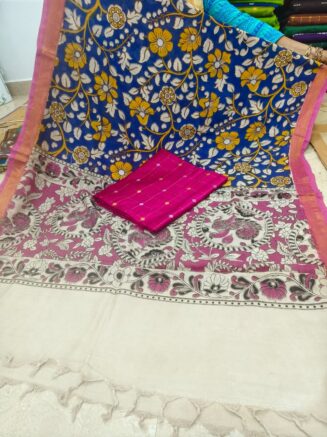 Traditional Royal Kalamkari Nizam Border Dupatta & Top with Premium Finish | Blue & Rani Pink