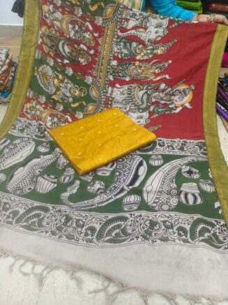 Traditional Royal Kalamkari Nizam Border Dupatta & Top with Premium Finish | Green & Golden Yellow