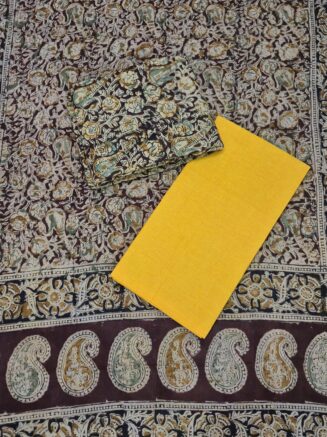 Pure Cotton Elegant Kalamkari Chudidhar Set with Classic Paisley Border | Maroon, Mustard Yellow & Beige Tones