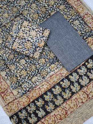 Pure Cotton Elegant Kalamkari Floral Jaal Chudidhar set with Artistic Temple Border | Indigo Blue, Beige & Grey