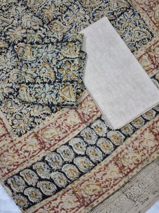 Pure Cotton Elegant Kalamkari Floral Jaal Chudidhar set with Artistic Temple Border | Indigo Blue, Red & Ivory