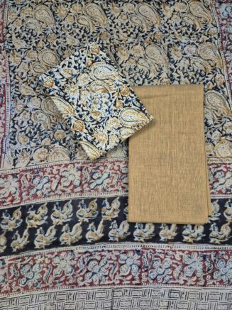 Pure Cotton Elegant Kalamkari Floral Jaal Chudidhar set with Artistic Flower Border | Indigo Blue, Red & Light Mustard