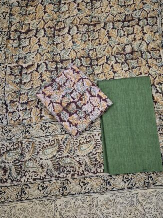 Pure Cotton Elegant Kalamkari Leafy Jaal Chudidhar set with Artistic Figurine Border | Earthy Brown, Beige & Solid Green