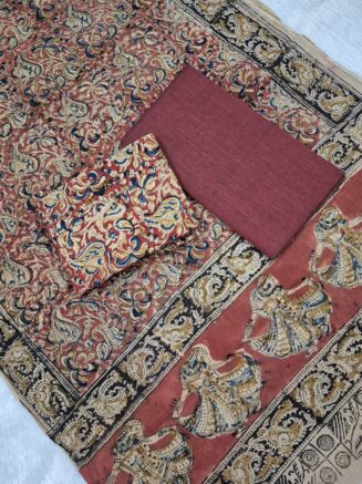 Pure Cotton Elegant Kalamkari Floral Paisley Jaal Chudidhar set with Artistic Dancing Figurine Border | Deep Red, Beige & Indigo