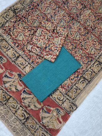 Pure Cotton Elegant Kalamkari Floral Paisley Jaal Chudidhar set with Artistic Dancing Figurine Border | Deep Red, Teal Blue & Beige