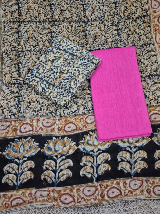 Pure Cotton Elegant Kalamkari Floral Paisley Jaal Chudidhar set with Artistic Lotus Motif Border | Indigo Blue, Black, Red & Pink