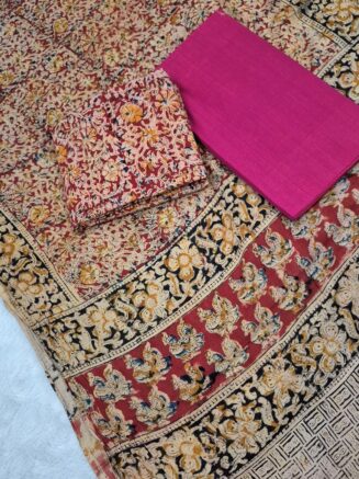 Pure Cotton Elegant Kalamkari Floral Jaal Chudidhar set with Artistic Peacock Motif Border | Earthy Red,  Beige& Rani Pink