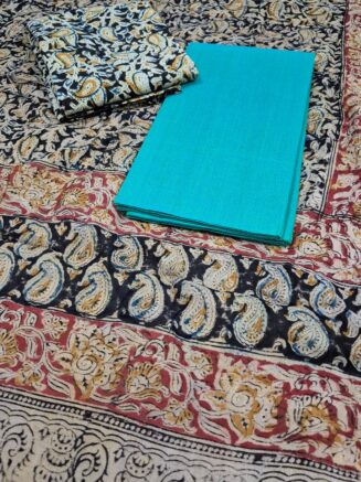 Pure Cotton Elegant Kalamkari Floral Paisley Jaal Chudidhar set with Artistic Mango Motif Border | Indigo Blue, Rust Red & Turquoise Blue