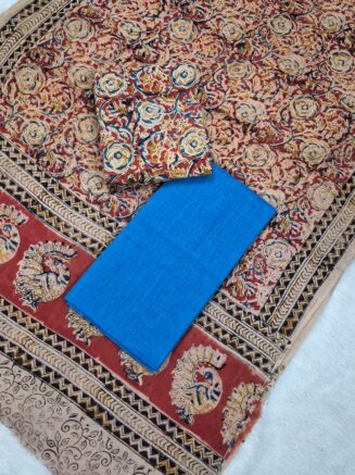 Pure Cotton Elegant Kalamkari Circular Floral Jaal Chudidhar set with Artistic Peacock Motif Border |Terracotta Red, Beige &  Cerulean Blue,