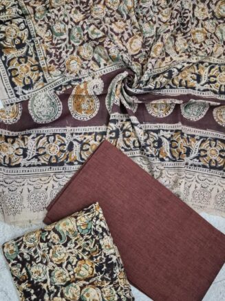 Pure Cotton Elegant Kalamkari Floral Vines Chudidhar set with Artistic Paisley & Medallion Border | Sage Green, Beige & Chocolate Brown