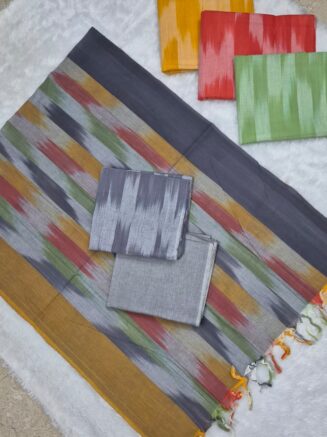 Pure Cotton Vibrant Handloom Ikkat Striped Chudidhar Set with Traditional Geometric Motifs | Mustard Gold, Light Grey & Slate Grey