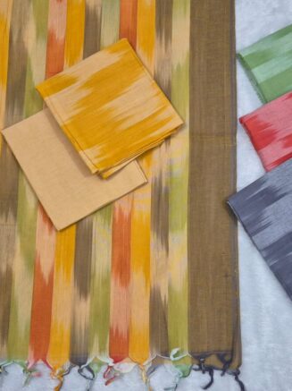 Pure Cotton Vibrant Handloom Ikkat Striped Chudidhar Set with Multicolored Pattern |Olive Green, Burnt Orange & Mustard Yellow