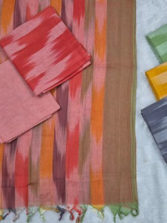 Pure Cotton Vibrant Handloom Ikkat Striped Chudidhar Set with Traditional Geometric Motifs | Sunset Orange, Light Pink & Coral Red