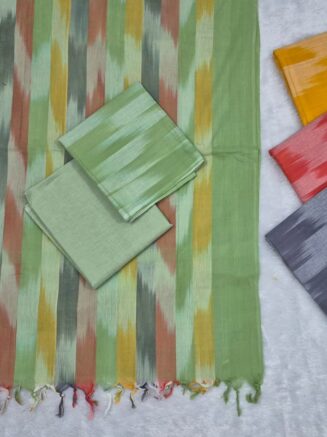 Pure Cotton Vibrant Handloom Ikkat Striped Chudidhar Set with Traditional Geometric Motifs |  Muted Terracotta, Olive & Sage Green