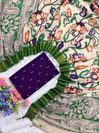 Traditional Royal Kalamkari Nizam Border Dupatta & Top with Premium Finish - Deep blue with lotus