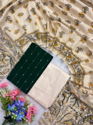 Madhubani Printed Raw Silk 3-Piece Dress Material Set - Bottle Green