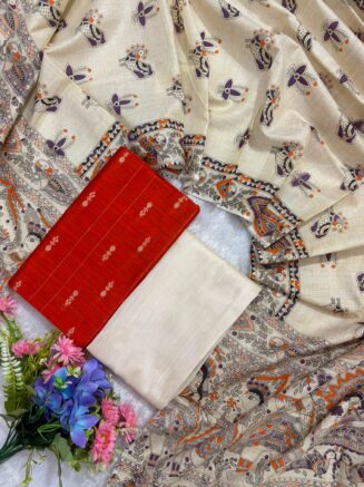Madhubani Printed Raw Silk 3-Piece Dress Material Set - Bright Red