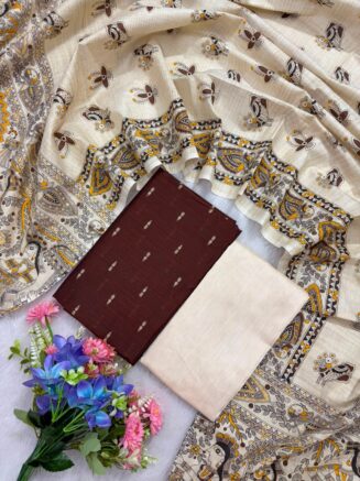 Madhubani Printed Raw Silk 3-Piece Dress Material Set - Coffee Brown