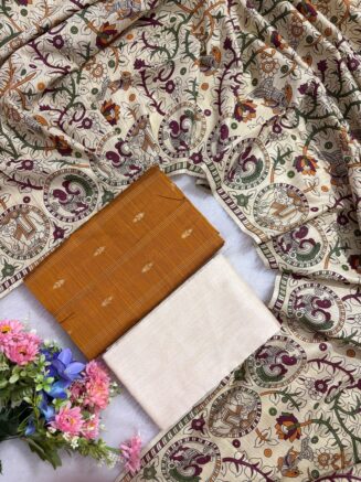 Madhubani Printed Raw Silk 3-Piece Dress Material Set -  Mustard yellow