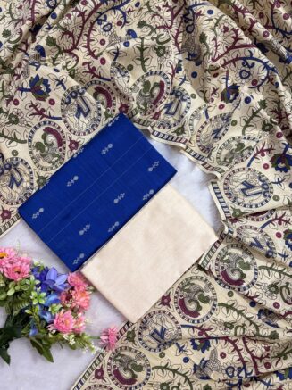 Madhubani Printed Raw Silk 3-Piece Dress Material Set -  Royal blue