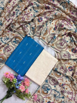 Madhubani Printed Raw Silk 3-Piece Dress Material Set -   Sea blue