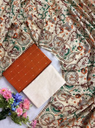 Madhubani Printed Raw Silk 3-Piece Dress Material Set -  Orange