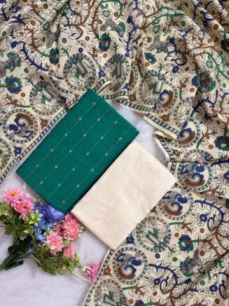 Madhubani Printed Raw Silk 3-Piece Dress Material Set -  Sea green
