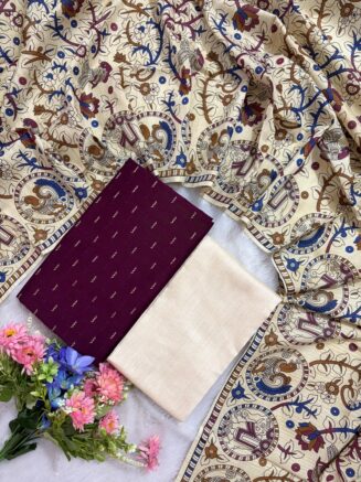 Madhubani Printed Raw Silk 3-Piece Dress Material Set -  Wine