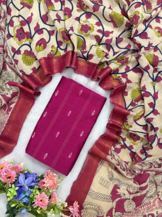 Traditional Royal Kalamkari Nizam Border Dupatta & Top with Premium Finish | Rani pink