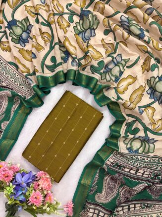Traditional Royal Kalamkari Nizam Border Dupatta & Top with Premium Finish | Mehendhi green