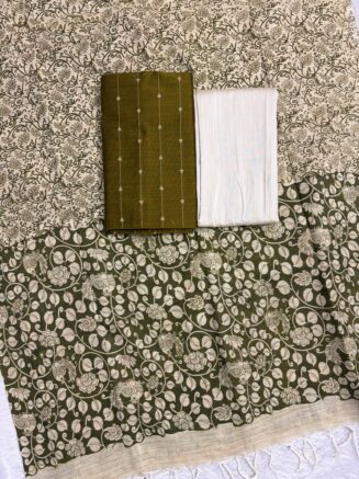 Madhubani Printed Raw Silk 3-Piece Dress Material Set -  Mehendhi green