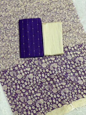 Madhubani Printed Raw Silk 3-Piece Dress Material Set -  Violet