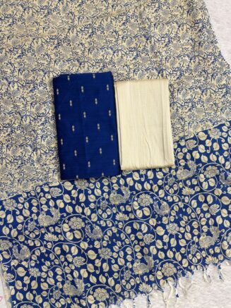 Madhubani Printed Raw Silk 3-Piece Dress Material Set -  Royal blue