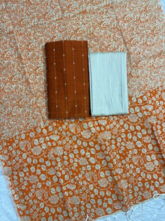 Madhubani Printed Raw Silk 3-Piece Dress Material Set -  Orange