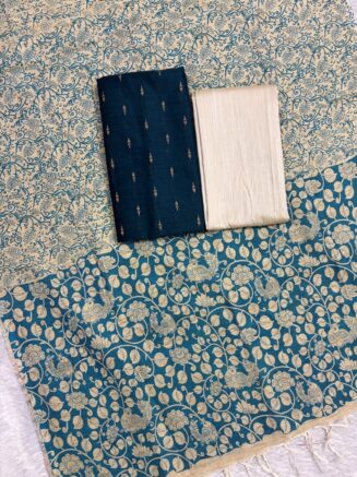 Madhubani Printed Raw Silk 3-Piece Dress Material Set -  Teal green