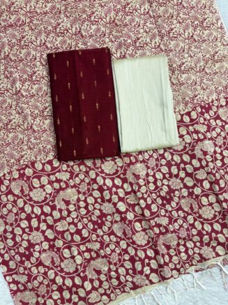 Madhubani Printed Raw Silk 3-Piece Dress Material Set -  Maroon