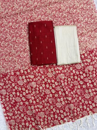 Madhubani Printed Raw Silk 3-Piece Dress Material Set -  Red