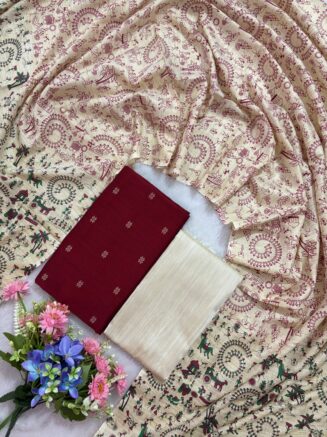 Madhubani Printed Raw Silk 3-Piece Dress Material Set - Maroon