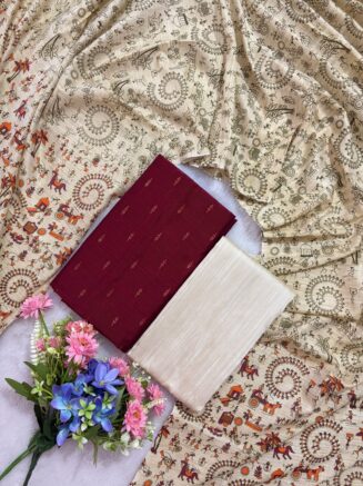 Madhubani Printed Raw Silk 3-Piece Dress Material Set - Maroon