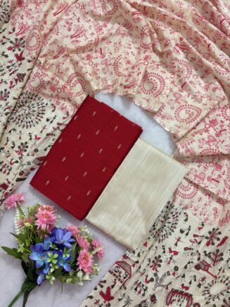 Madhubani Printed Raw Silk 3-Piece Dress Material Set - Orange